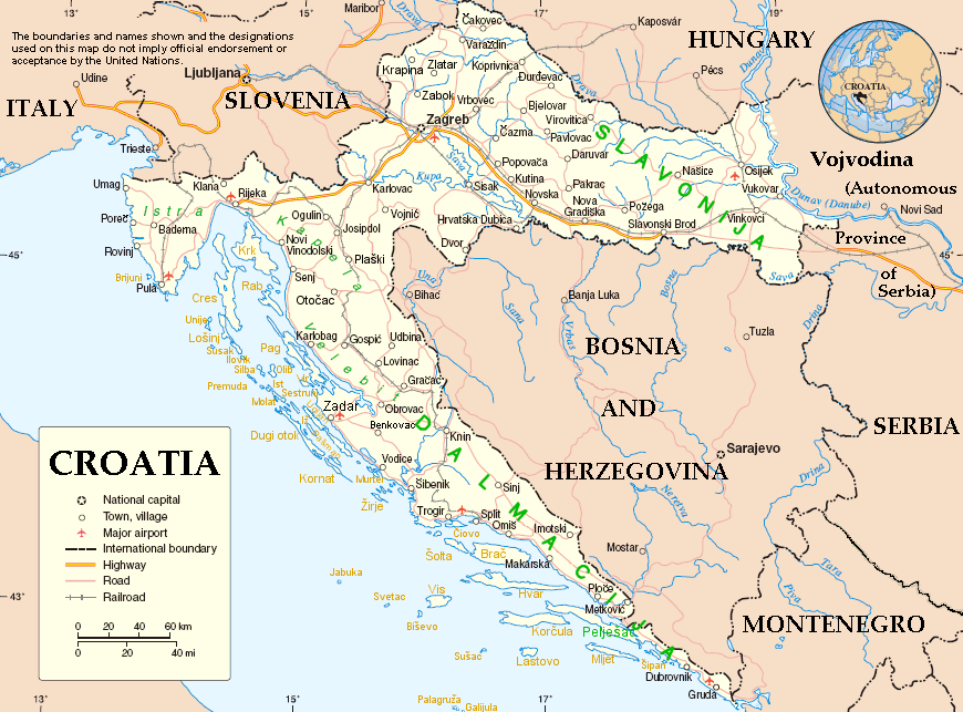 Cartina geografica della Croazia. Map of Croatia - carta o mappa. La capitale � Zagabria